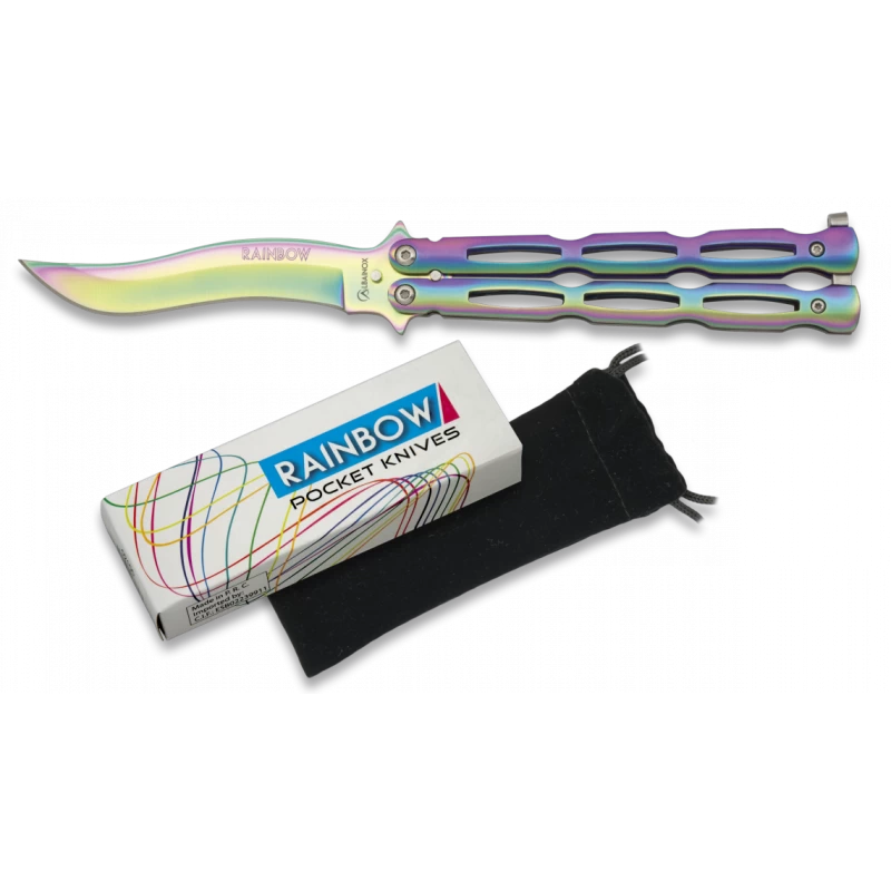 Couteau Papillon Rainbow Lame Vague 10cm 1 Couteau Papillon Rainbow Lame Vague 10cm