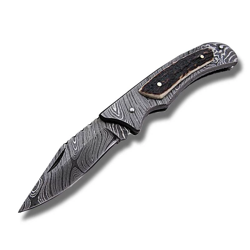 Couteau Pliant Avec Manche Damas Et Bois De Cerf 1 Couteau Pliant Avec Manche Damas Et Bois De Cerf